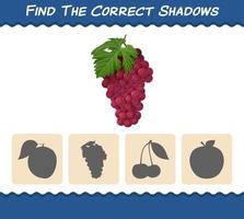 encuentra las sombras correctas de la uva roja de dibujos animados. juego de búsqueda y combinación. juego educativo para niños y niños pequeños en edad preescolar vector