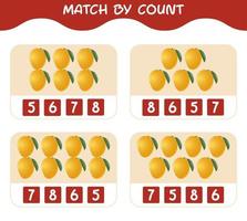 Match by count of cartoon mangos. Match and count game. Educational game for pre shool years kids and toddlers vector