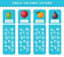 Circle the first letters of cartoon fruits. Matching game. Educational game for pre shool years kids and toddlers vector