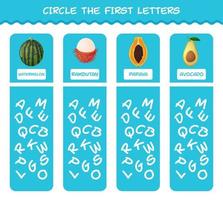 Encierra en un círculo las primeras letras de las frutas de dibujos animados. juego de correspondencias. juego educativo para niños y niños pequeños en edad preescolar vector