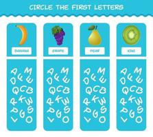 Encierra en un círculo las primeras letras de las frutas de dibujos animados. juego de correspondencias. juego educativo para niños y niños pequeños en edad preescolar vector