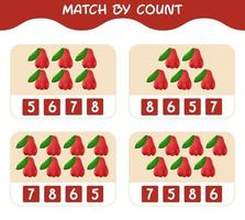 Match by count of cartoon rose apples. Match and count game. Educational game for pre shool years kids and toddlers vector