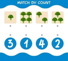 Match by count of cartoon broccolis. Match and count game. Educational game for pre shool years kids and toddlers vector