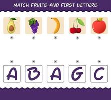 unir frutas de dibujos animados y primeras letras. juego de correspondencias. juego educativo para niños de edad preescolar y niños pequeños vector