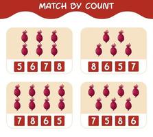 Match by count of cartoon beetroots. Match and count game. Educational game for pre shool years kids and toddlers vector