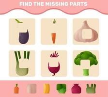 Find the missing parts of cartoon vegetables . Searching game. Educational game for pre shool years kids and toddlers vector