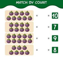 Match by count of cartoon mangosteens. Match and count game. Educational game for pre shool years kids and toddlers vector