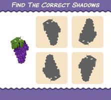 encuentra las sombras correctas de la uva morada de dibujos animados. juego de búsqueda y emparejamiento. juego educativo para niños y niños pequeños en edad preescolar vector