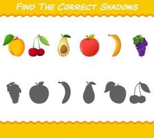 encuentra las sombras correctas de las frutas de dibujos animados. juego de búsqueda y combinación. juego educativo para niños de edad preescolar y niños pequeños vector