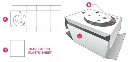 Cardboard folding box with moon and stars window and transparent plastic sheet die cut template vector