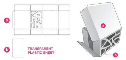 Cardboard folding box with abstract window and transparent plastic sheet die cut template