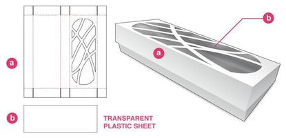 Cardboard bakery long packaging with abstract window and transparent plastic sheet die cut template vector