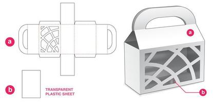 Cardboard handle bag box with abstract window and plastic sheet die cut template vector