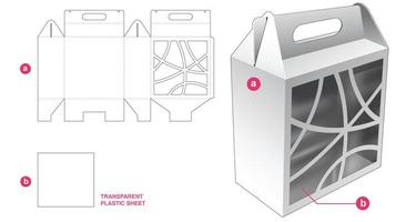 caja de asa de cartón y ventana abstracta con plantilla troquelada de lámina de plástico transparente vector