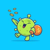 virus lindo con ilustración de icono de vector de dibujos animados de bolsa de dinero. concepto de icono financiero médico vector premium aislado. estilo de dibujos animados plana