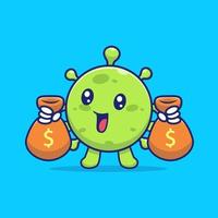 virus lindo con ilustración de icono de vector de dibujos animados de bolsa de dinero. concepto de icono financiero médico vector premium aislado. estilo de dibujos animados plana