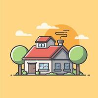 hermosa casa con nubes y puesta de sol ilustración de icono de vector de dibujos animados. concepto de icono de hito de construcción vector premium aislado. estilo de dibujos animados plana