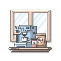 ilustración de icono de vector de dibujos animados de máquina de café espresso, tazas, taza y paquete de café. bebida objeto icono concepto aislado premium vector. estilo de dibujos animados plana