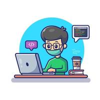 Male Working On Laptop With Mask Cartoon Vector Icon  Illustration. People Technology Icon Concept Isolated  Premium Vector. Flat Cartoon Style