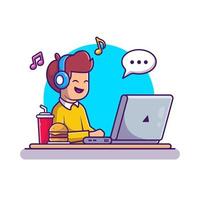 Male Listening Music With Headphone On Laptop Cartoon  Vector Icon Illustration. People Technology Icon Concept  Isolated Premium Vector. Flat Cartoon Style