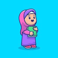 linda chica musulmana sosteniendo la ilustración del icono del vector de dibujos animados del libro. gente religión icono concepto aislado premium vector. estilo de dibujos animados plana