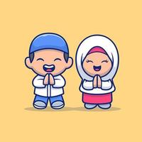 Cute Girl And Boy Moslem Celebrating Eid Mubarak Cartoon Vector Icon Illustration. People Religion Icon Concept Isolated Premium Vector. Flat Cartoon Style