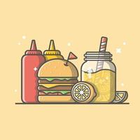Burger with Lemonade and Ketchup Cartoon Vector Icon Illustration. Food And Drink Icon Concept Isolated Premium Vector. Flat Cartoon Style