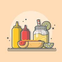 Hotdog with Lemonade and Ketchup Cartoon Vector Icon Illustration. Food And Drink Icon Concept Isolated Premium Vector. Flat Cartoon Style