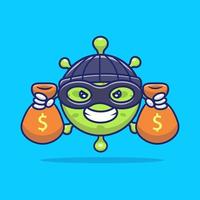 virus lindo con ilustración de icono de vector de dibujos animados de bolsa de dinero. concepto de icono financiero médico vector premium aislado. estilo de dibujos animados plana