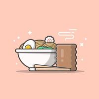 fideos de tazón de ramen con ilustración de icono de vector de dibujos animados de huevo hervido. concepto de icono de bebida de alimentos vector premium aislado. estilo de dibujos animados plana