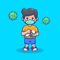 Cute Boy Wearing Mask And Using Hand Sanitizer Cartoon  Vector Icon Illustration. People Medical Icon Concept Isolated  Premium Vector. Flat Cartoon Style
