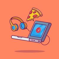 ilustración de icono de vector de dibujos animados de laptop, pizza y auriculares. concepto de icono de comida de tecnología vector premium aislado. estilo de dibujos animados plana