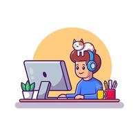 hombre trabajando en computadora con ilustración de icono de vector de dibujos animados de gato. concepto de icono de tecnología de personas vector premium aislado. estilo de dibujos animados plana