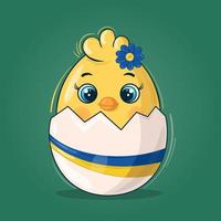 Chicken with ukrainian flag ribbon and flower chick hatched from an egg on white isolated background. vector