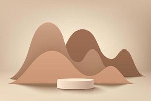 Abstract 3D room and realistic cream cylinder pedestal podium with beige and brown wavy layers shape scene background. Minimal scene for mockup product display. Vector geometric forms. Stage showcase.