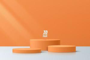 Abstract orange and white 3D room with set of realistic steps orange cylinder pedestal podium. Minimal wall scene for product display presentation. Vector rendering geometric forms. Stage showcase.