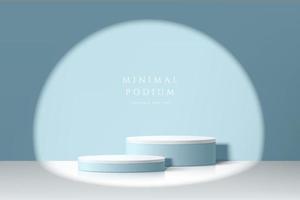 Abstract 3D room with realistic white and blue steps cylinder pedestal podium with spot light and shadow. Pastel minimal scene for mockup product display. Vector geometric forms. Stage for showcase.