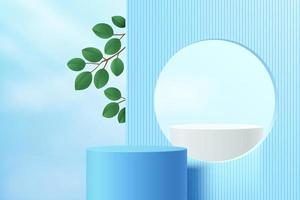 Abstract 3D room and realistic blue and white cylinder stand podium with blue sky partition and green leaves. Minimal scene for product display presentation. Vector geometric forms. Stage for showcase