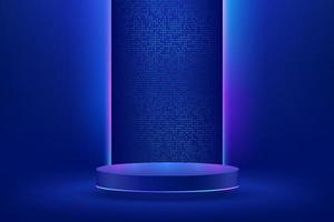 Realistic dark blue 3D cylinder pedestal podium. Sci-fi abstract room with neon lighting and shiny dots glitter. Stage for showcase. Vector rendering geometric forms, Product display. Futuristic scene
