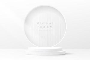 Abstract clean white 3D room with realistic white cylinder pedestal podium and circle window on the wall. Minimal scene for mockup product display. Vector geometric forms design. Stage for showcase.