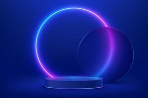 Abstract shiny blue cylinder pedestal podium. Sci-fi blue abstract room with circle glowing neon lamp lighting. Vector rendering 3d shape, Product display mockup. Futuristic scene. Stage for showcase.