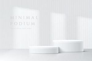 Abstract white 3D room with realistic white cylinder pedestal podium set and window shadow overlay. Minimal scene for product display presentation. Vector mock up geometric forms. Stage for showcase.