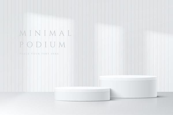 Abstract white 3D room with realistic white cylinder pedestal podium set and window shadow overlay. Minimal scene for product display presentation. Vector mock up geometric forms. Stage for showcase.