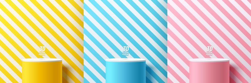 Set of yellow, blue and pink realistic 3d cylinder stand podium with diagonal white stripes line scene. Abstract vector rendering geometric forms. Minimal scene. Stage showcase, Product display mockup