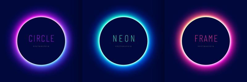 Set of blue, red-purple, green illuminate circle neon board frame. Abstract cosmic vibrant color. Collection of glowing neon lighting on dark background with copy space. Top view futuristic style.