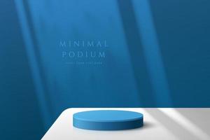 Abstract blue 3D room with realistic cylinder pedestal podium on white table desk and window shadow. Minimal scene for product display presentation. Vector mock up geometric forms. Stage for showcase