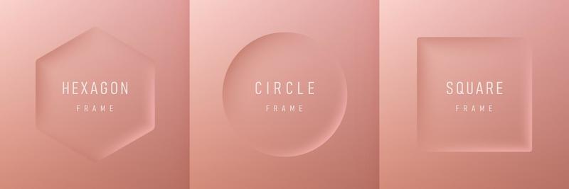 Set of realistic 3d geometric hexagon, circle and square frame on luxury pink gold background. Collection of Minimal frames background with copy space. Top view for product display. Light and Shadow.