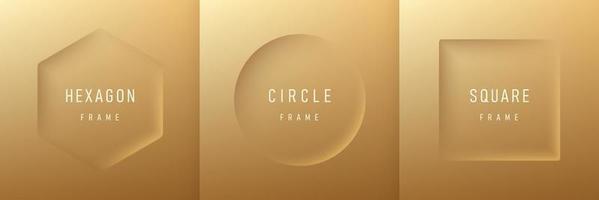 Set of realistic 3d geometric hexagon, circle and square frame on luxury golden background. Collection of Minimal frames background with copy space. Top view for product display. Light and Shadow. vector