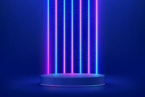 Realistic dark blue 3D cylinder pedestal podium. Sci-fi abstract room with vertical illuminate neon lighting and shiny dots glitter. Vector rendering geometric forms, Product display. Futuristic scene