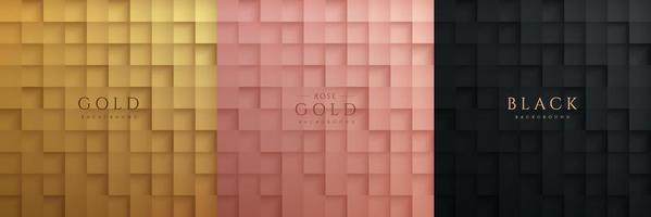 Set of 3D abstract golden, pink gold and black square pattern background design. Collection of luxury geometric background. Design for cover template, poster, banner web, print ad. Vector illustration